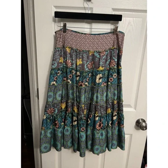 Johnny Was Biya | Silk Midi Tiered Patchwork Skirt Sz M - Picture 2 of 8
